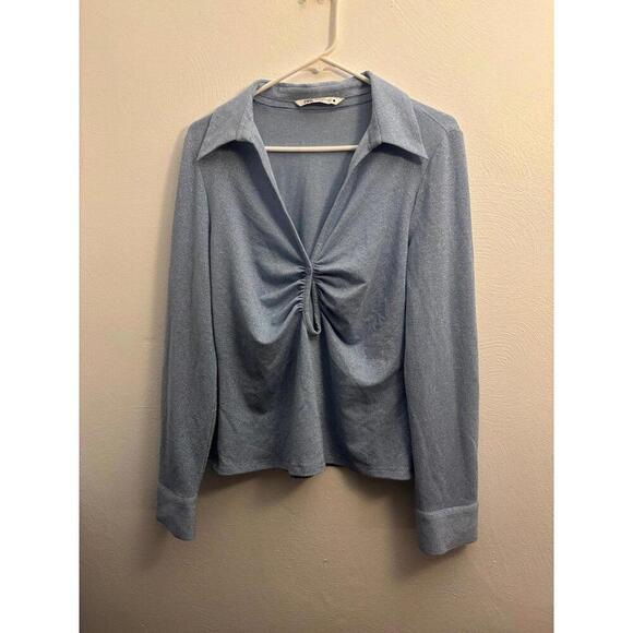 Zara Tops - Zara Icy Blue Metallic Collared Keyhole Cutout Long Sleeve Top Size XL